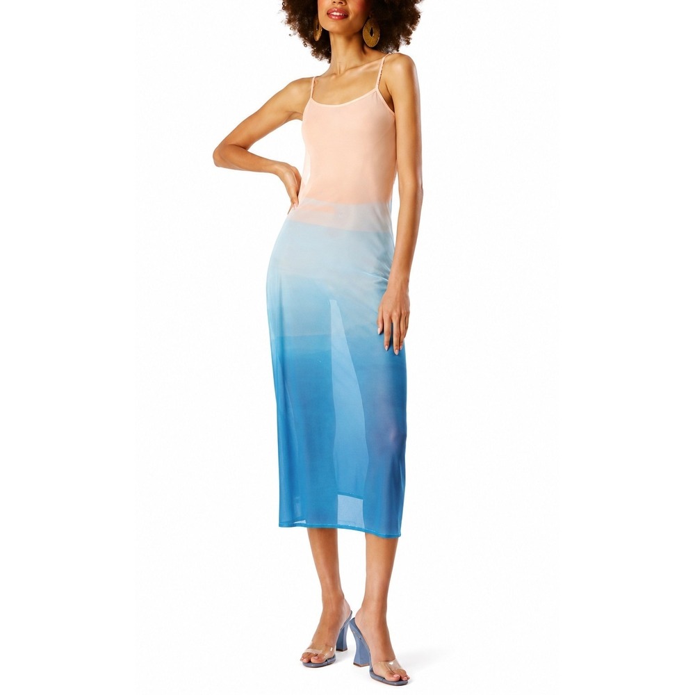 My Beachy Side Cover Up Womens Ombre Mesh Midi Dress Peach Blue Sheer Size L NEW